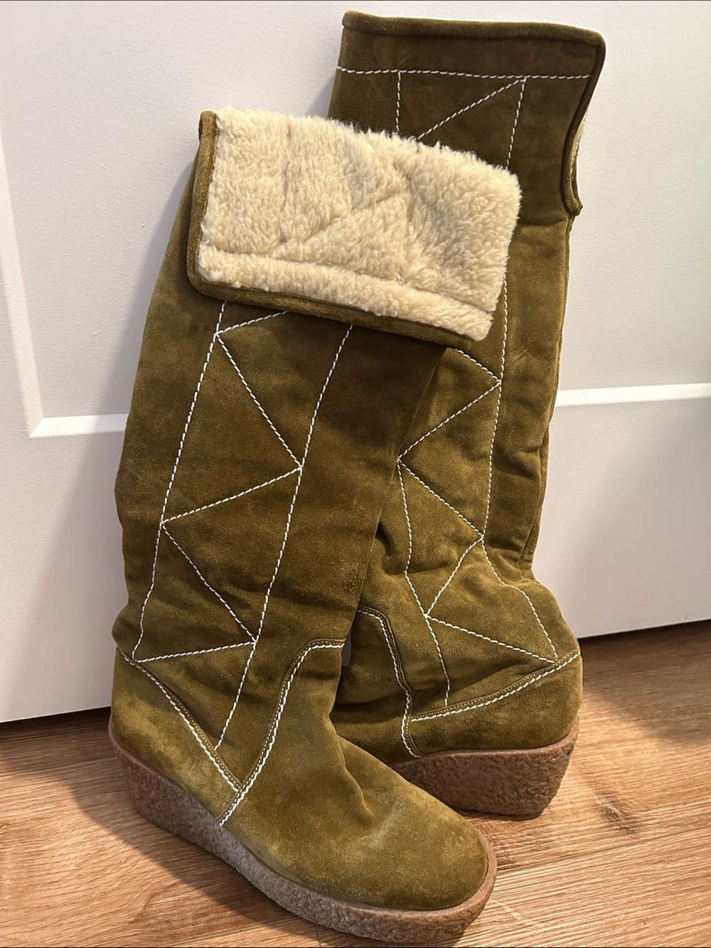 KORS Michael Kors Olive Suede Over-the-Knee Wedge Boots with Sherpa Cuff
